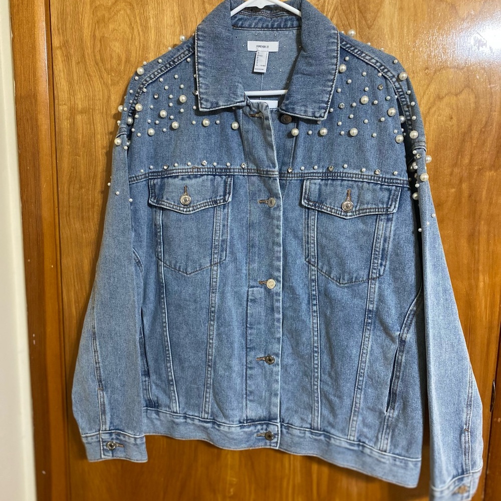 Forever 21 Blue Pearl Studded Jean Jacket